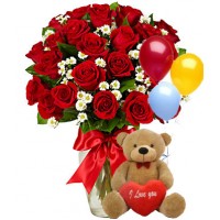 Flowers with Balloons and Teddy Bear